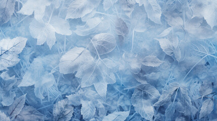 Obraz premium Collection of leaves covered in frost, winter scene. Cold colors, frosty appearance. Crystalline frost.