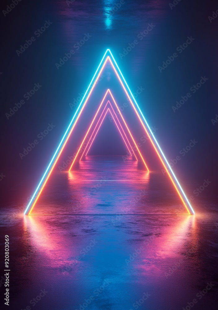 Poster render in 3d with neon lights and triangle tunnels on an abstract geometric background.