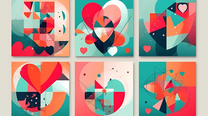 Creative concept of Happy Valentines Day cards set. Modern abstract art design with hearts and geometric shapes. Templates for celebration vecter image