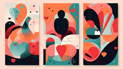 Creative concept of Happy Valentines Day cards set. Modern abstract art design with hearts and geometric shapes. Templates for celebration vecter image