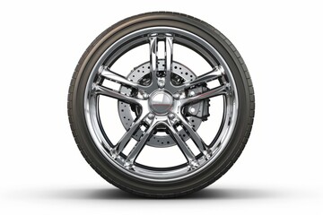 Obraz premium Sleek car wheel with detailed alloy rim on white background. Modern and stylish for automotive concepts. High quality product image. Generative AI