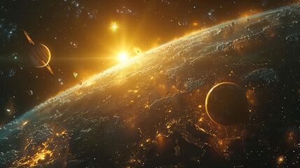 Obraz premium a large, fiery sun with planets orbiting around it.