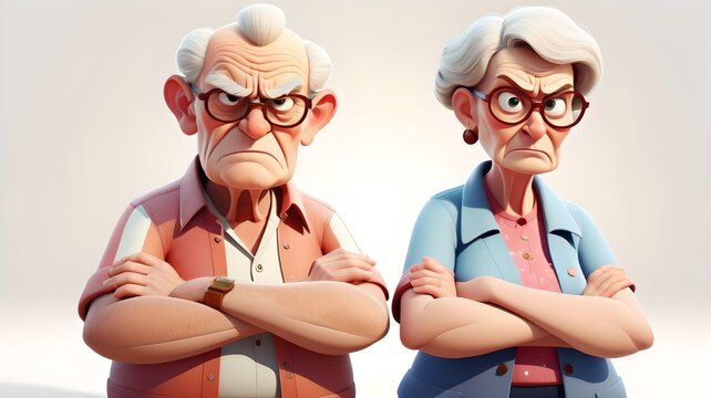 A cartoon-style depiction of an angry elderly couple standing with arms crossed, expressing frustration.