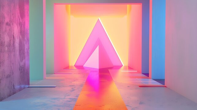 A colorful room with a pink triangle in the middle 