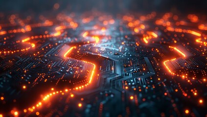 Digital technology background with glowing data lines and circuit patterns, creating an abstract digital landscape with bokeh effects