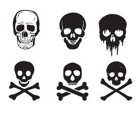 Human skulls set. Skull silhouettes. Skull icons set. Collection of drawings human skulls. Vector illustration
