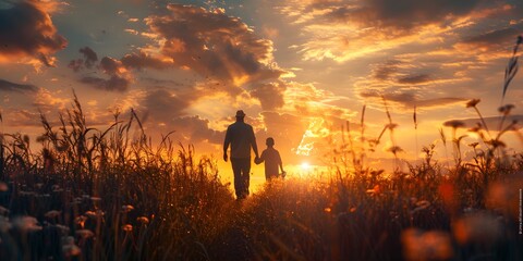 Fototapeta premium Father and Child Enjoying Outdoor Playtime at Sunset, Cherishing Moments of Bonding and Adventure