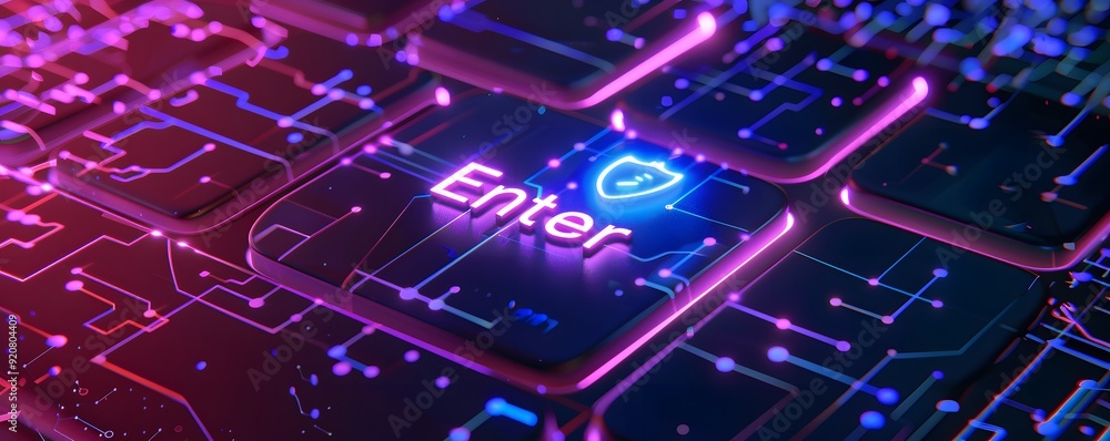 Poster neon-lit enter key on a futuristic keyboard with circuitry