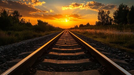 Fototapeta premium Railway track in the evening in sunset. Track railway train for transportation, Rail road