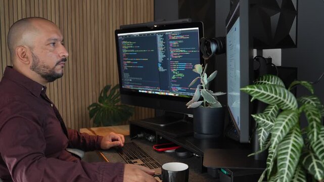 Hispanic Male Programmer IT Engineer Working Drinks Hot Coffee Typing on Keyboard. Work From Home Office at Night. Focused Mid Adult Web Developer
