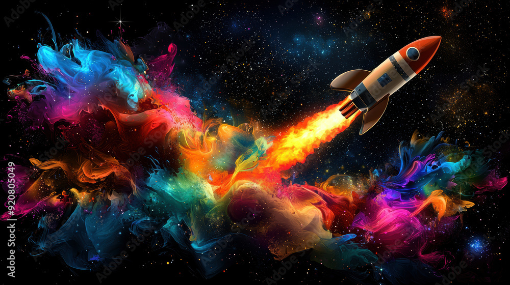 Aufkleber a colorful rocket is flying through a colorful space with stars and planets. concept of wonder and e