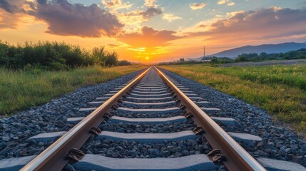 Fototapeta premium Railway track in the evening in sunset. Track railway train for transportation, Rail road