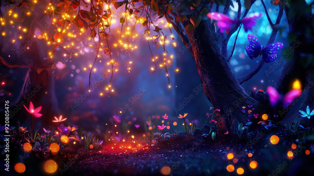 Poster a forest scene with a tree in the center and butterflies flying around it. the butterflies are in di