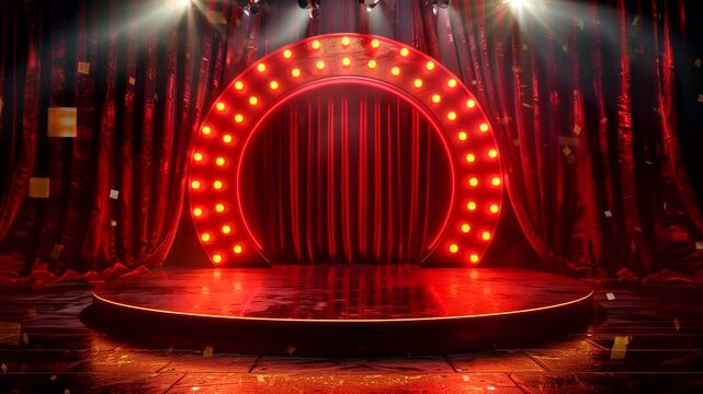 Stage circus platform with circle antique spotlights on red curtain background