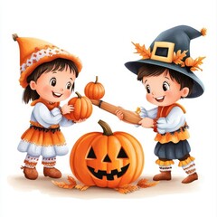 A playful scene of children in costumes carving pumpkins for Thanksgiving, hand-drawn style, bright colors, isolated on white background