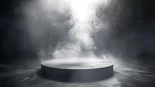 Product platform with spotlights on abstract dark fog background. Dramatic empty dark black floor podium for product display