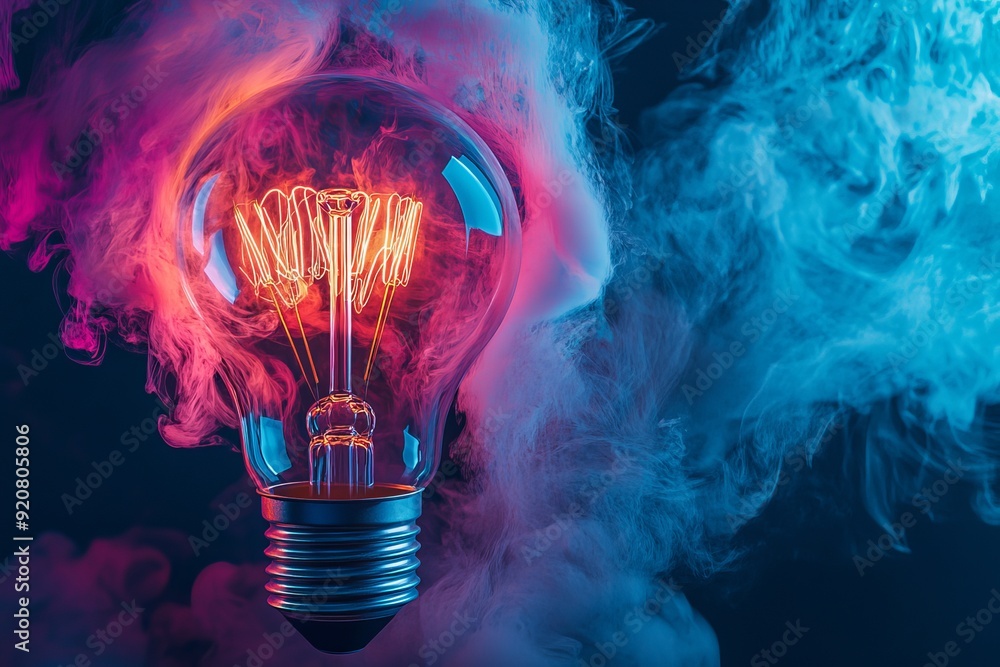 Poster in this picture, a creative light bulb explodes with color and paint. this is a brainstorming concep