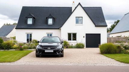 A stunning modern home showcases a striking white exterior, contrasting black roof, and a spacious driveway perfectly designed for luxury living