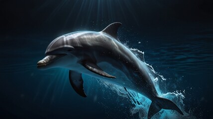 Fototapeta premium Dolphin jumping out of water. Mixed media.