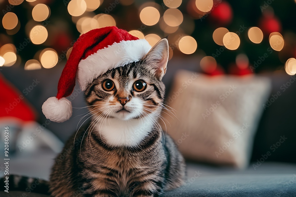 Wall mural funny domestic cat in santa hat celebrating christmas holiday at home