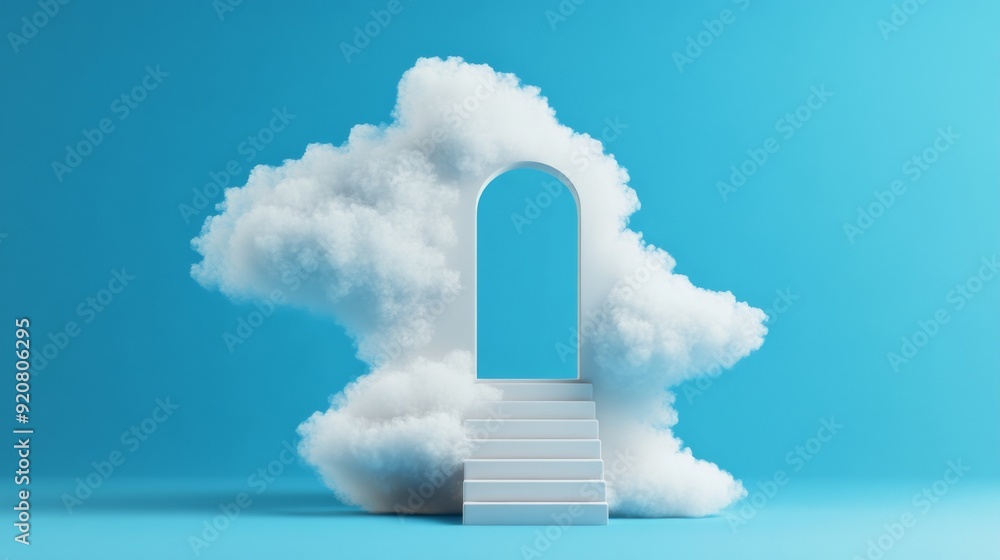 Poster in this 3d render you will see white clouds flying through the blue room with arch portal and steps.