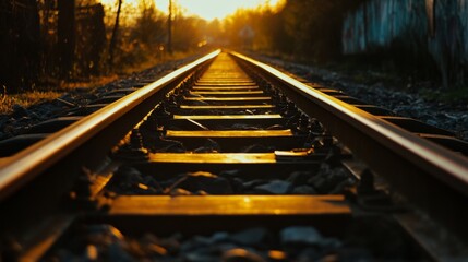 Railway track in the evening in sunset. Track railway train for transportation, Rail road