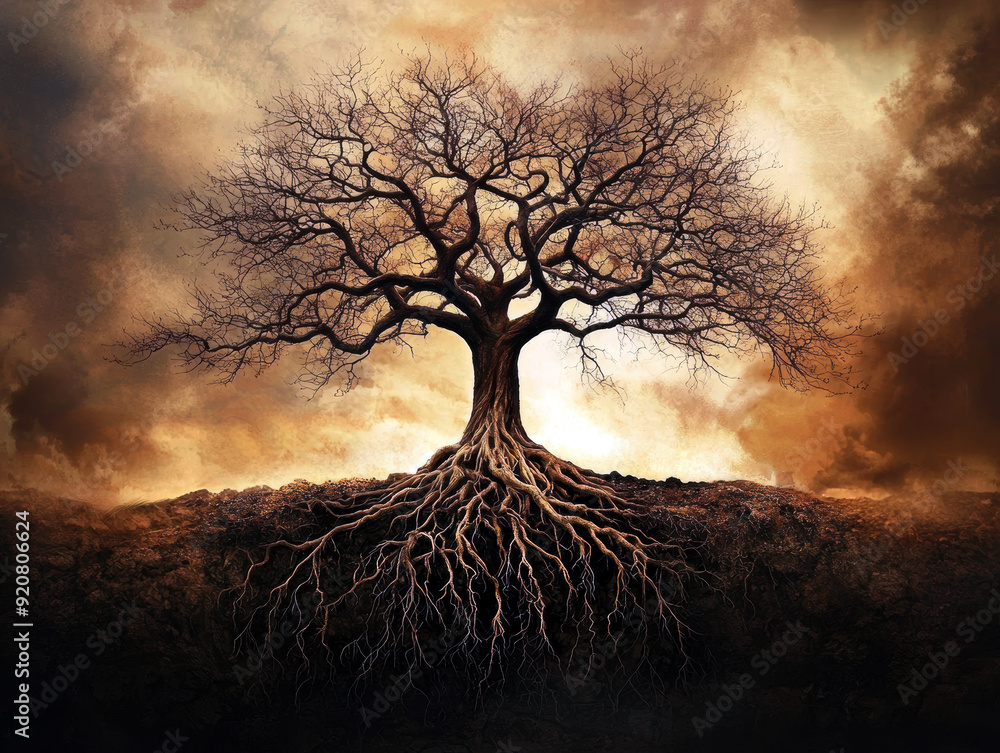 Poster a tree with roots that are deep in the ground. the tree is surrounded by a dark sky