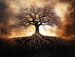 A tree with roots that are deep in the ground. The tree is surrounded by a dark sky
