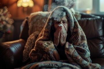 Fototapeta premium Cozy winter scene with person wrapped in blanket, feeling cold. Warm lighting enhances the comfort and tranquility. Conceptual image for seasonal or health-related content. Generative AI