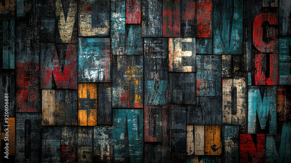 Aufkleber the image is a colorful collage of letters and numbers made from wood. the colors and textures of th