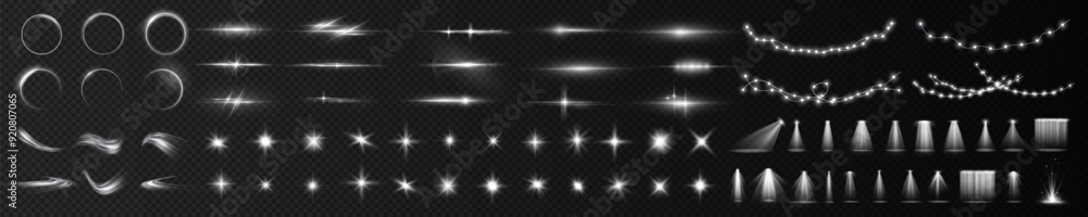 Wall mural Light effects. Christmas rays, shine, lines, glow, white garlands. Glowing abstract isolated curved lenses of light. Lens flare, explosion, spark, line, vortex ray, sparks and stars, spotlight