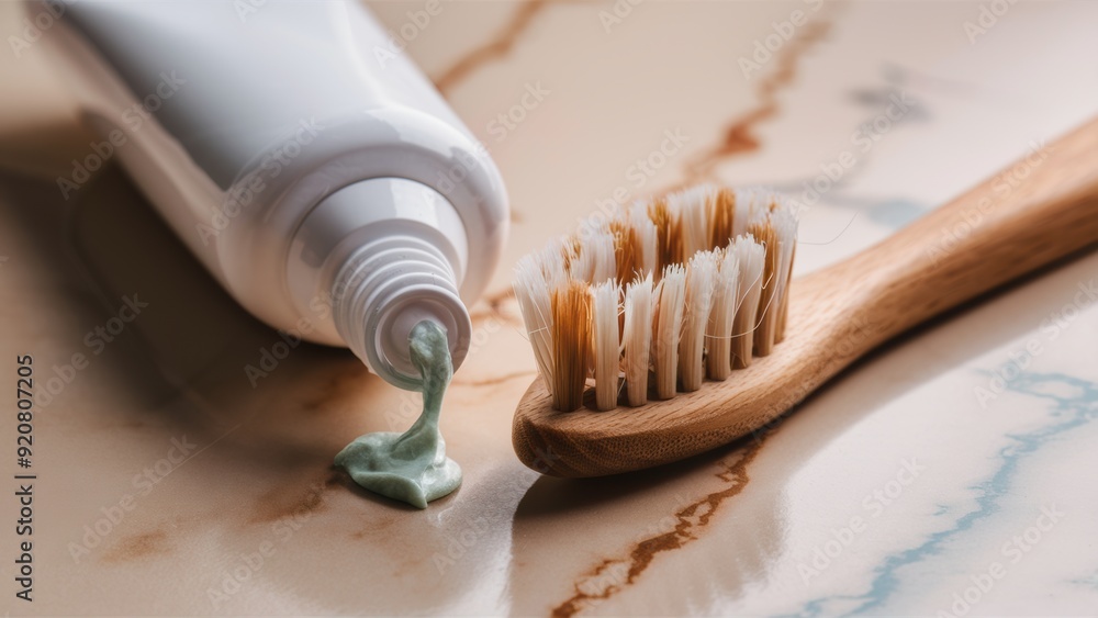 Wall mural A toothpaste and a brush on the counter with some green stuff, AI