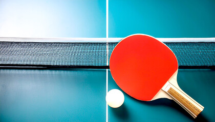 Tischtennisschl&auml;ger und Ball auf Tischtennisplatte 