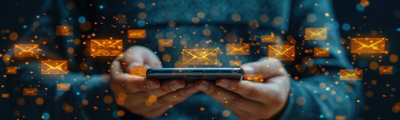 Fototapeta premium Someone holding a cell phone with email symbols coming out of it, Banner, Copy space