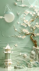 Traditional light green lantern relief mural poster background