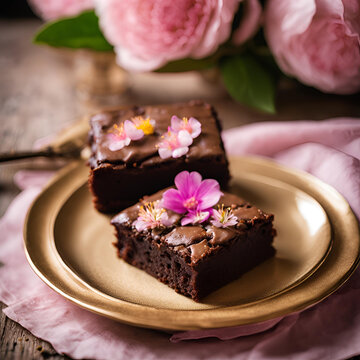 Brownie de chocolate em mesa r&uacute;stica de madeira com flores.