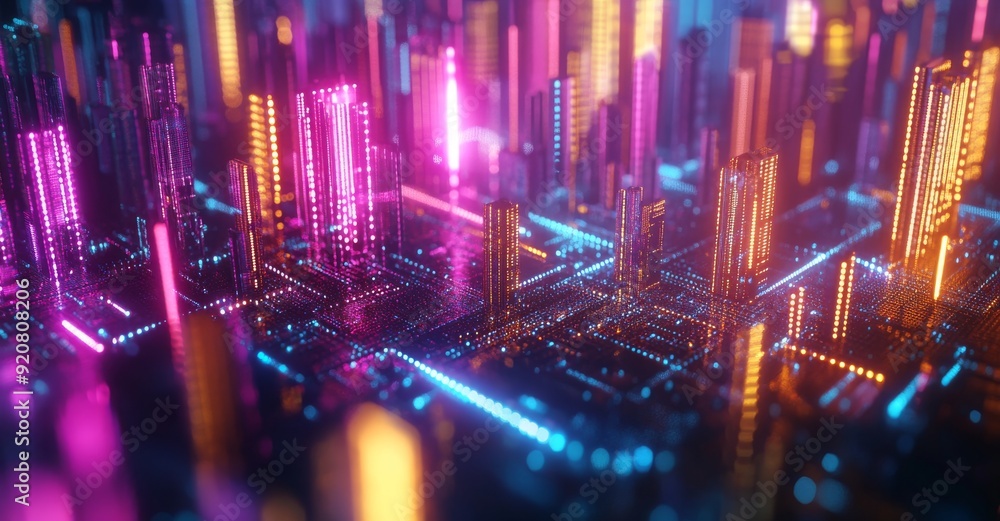 Poster future technology background with floating circuits, charts, digits elements. nanochip circuit, mode