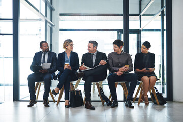 Business people, discussion and row with waiting room for career, job opportunity or recruiting...