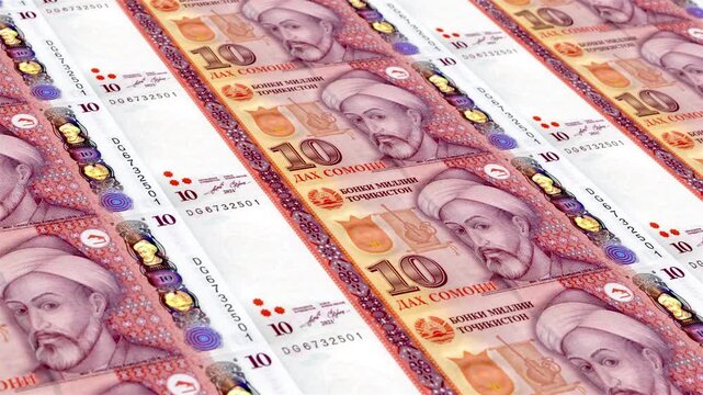 Tajikistan Tajikistani Somoni 10 Banknotes Money Printing House, Printing Ten Tajikistani Somoni, Printing Press Machine Print out Tajikistani Somoni, Being printed by currency press machine