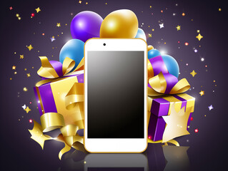 illustration of smartphone behind gift boxes, shopping