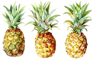 Obraz premium Fresh Pineapple Elements in Watercolor Hand-Drawn Illustration, Tropical Fruit on White Background