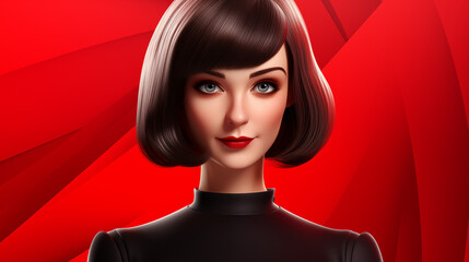 Elegant Woman With Brown Hair In Black Dress Against Red Abstract Background Portrait