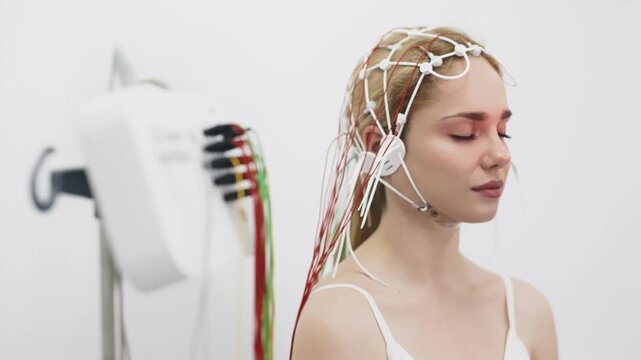 Female patient undergoing an EEG test, showcasing modern healthcare and patient comfort. Perfect for highlighting advanced diagnostic technology and patient-centered care.