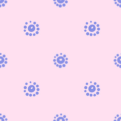 Vector simple diamond seamless pattern with abstract flowers or suns. Repeating background of blue circles with spots around in hand drawn style. Design for fabric, wallpaper, wrapping paper, cover