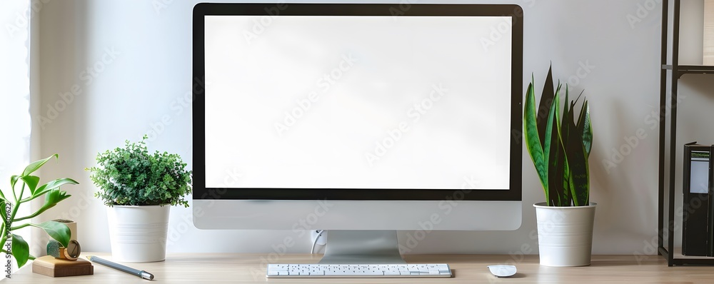 Poster modern workspace with blank computer screen and greenery