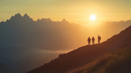 Hikers enjoying a sunset view over mountains in a serene landscape