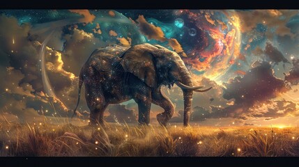 A herd of mystical, armored elephants under a colorful, starry sky, creating a fantastical and majestic scene.