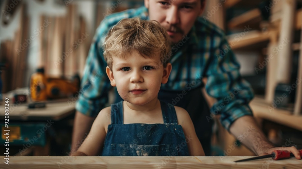 Aufkleber father and son working together to repair household items using various tools in a cozy rustic works
