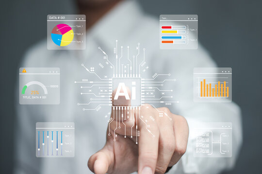 Data analysis science and big data with AI technology. Analyst or Scientist uses a computer and dashboard for analysis of information on complex data sets on computer. Insights development engineer.