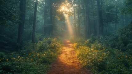 Fototapeta premium A photograph of a forest path flooded with ethereal light, with trees that seem to whisper secrets, captured in a dreamlike atmosphere.